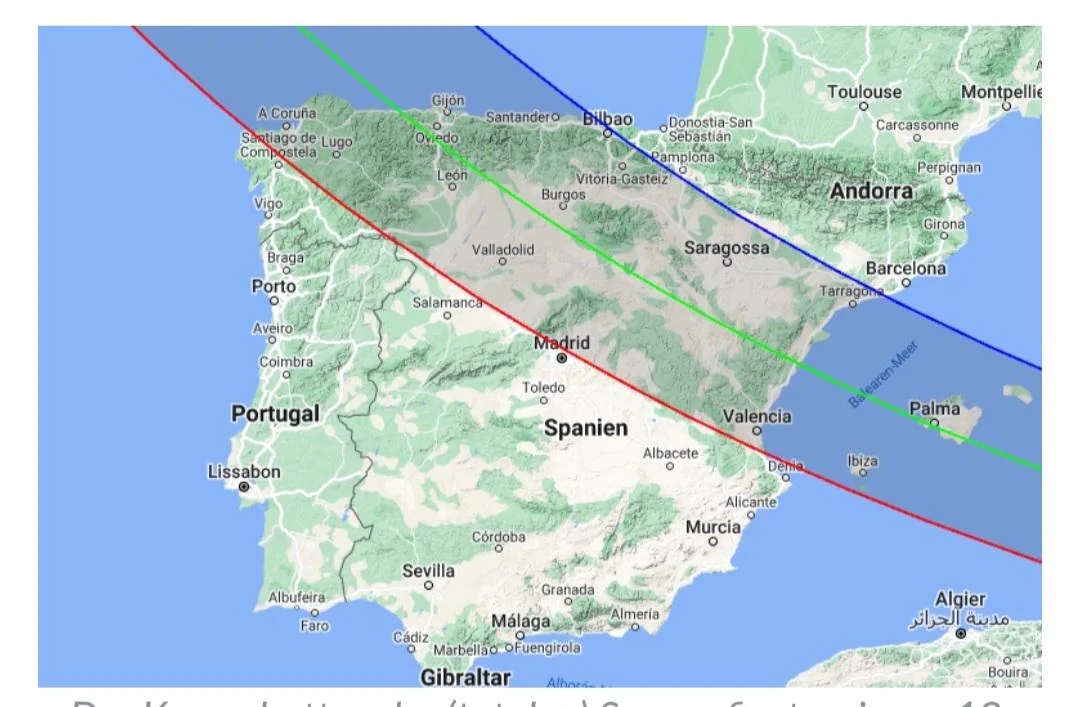 Mapa do eclipse solar sobre a Península Ibérica