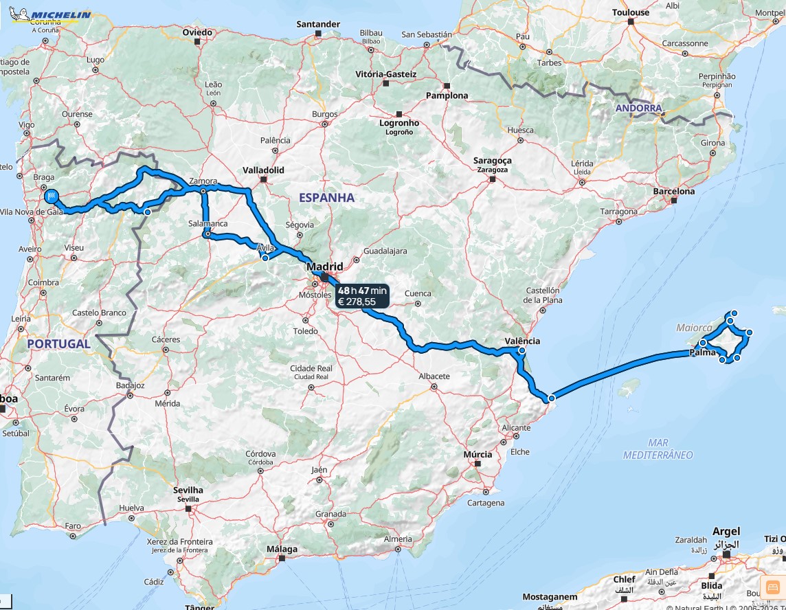 Mapa da rota Guimarães-Maiorca